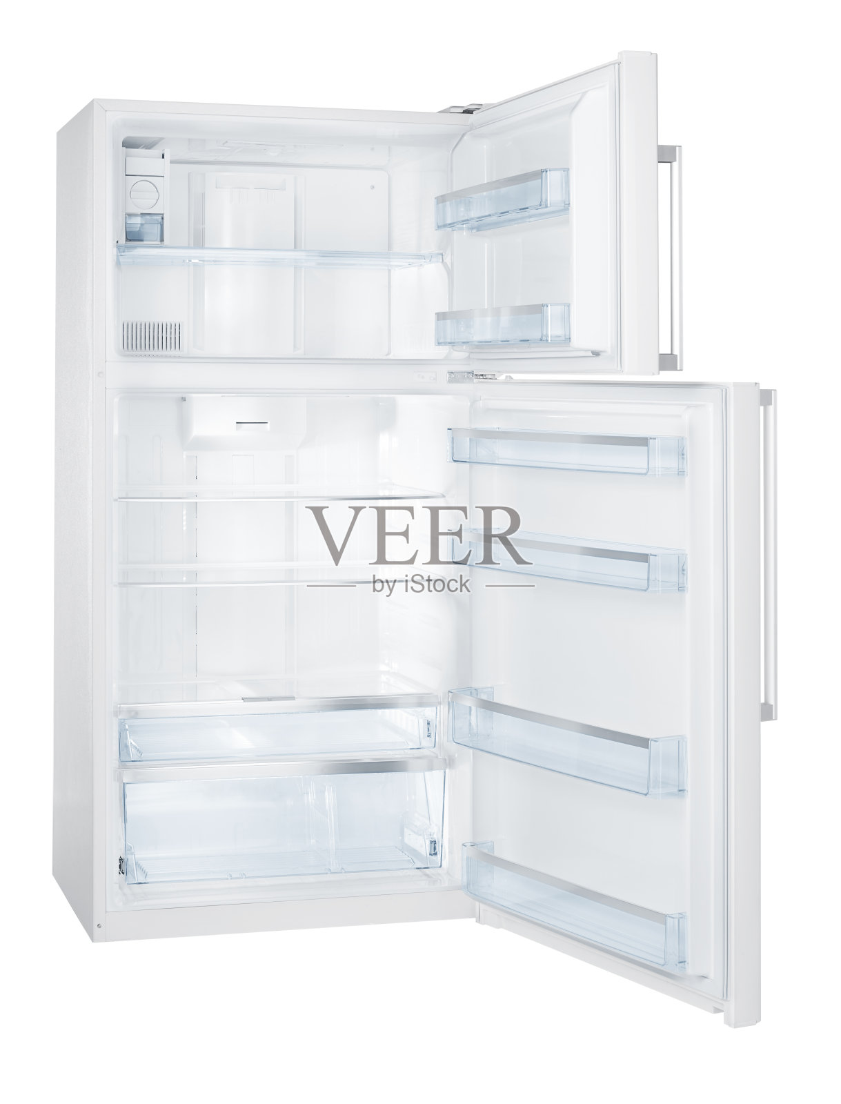 打开空冰箱(与白色背景上的剪切路径隔离)照片摄影图片