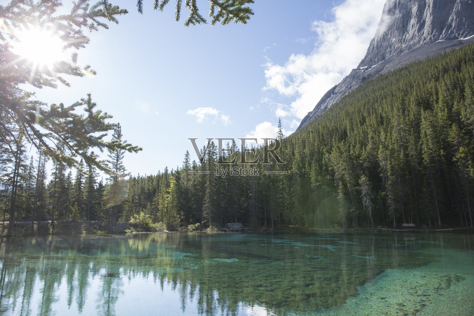太阳升起,高山湖泊,倒影照片摄影图片