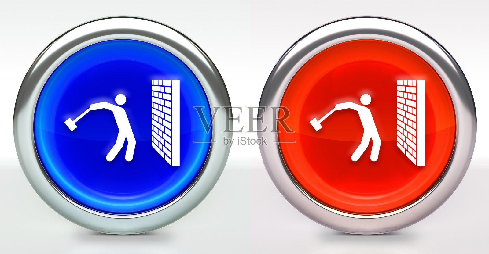 用金属环打破按钮上的墙图标照片摄影图片