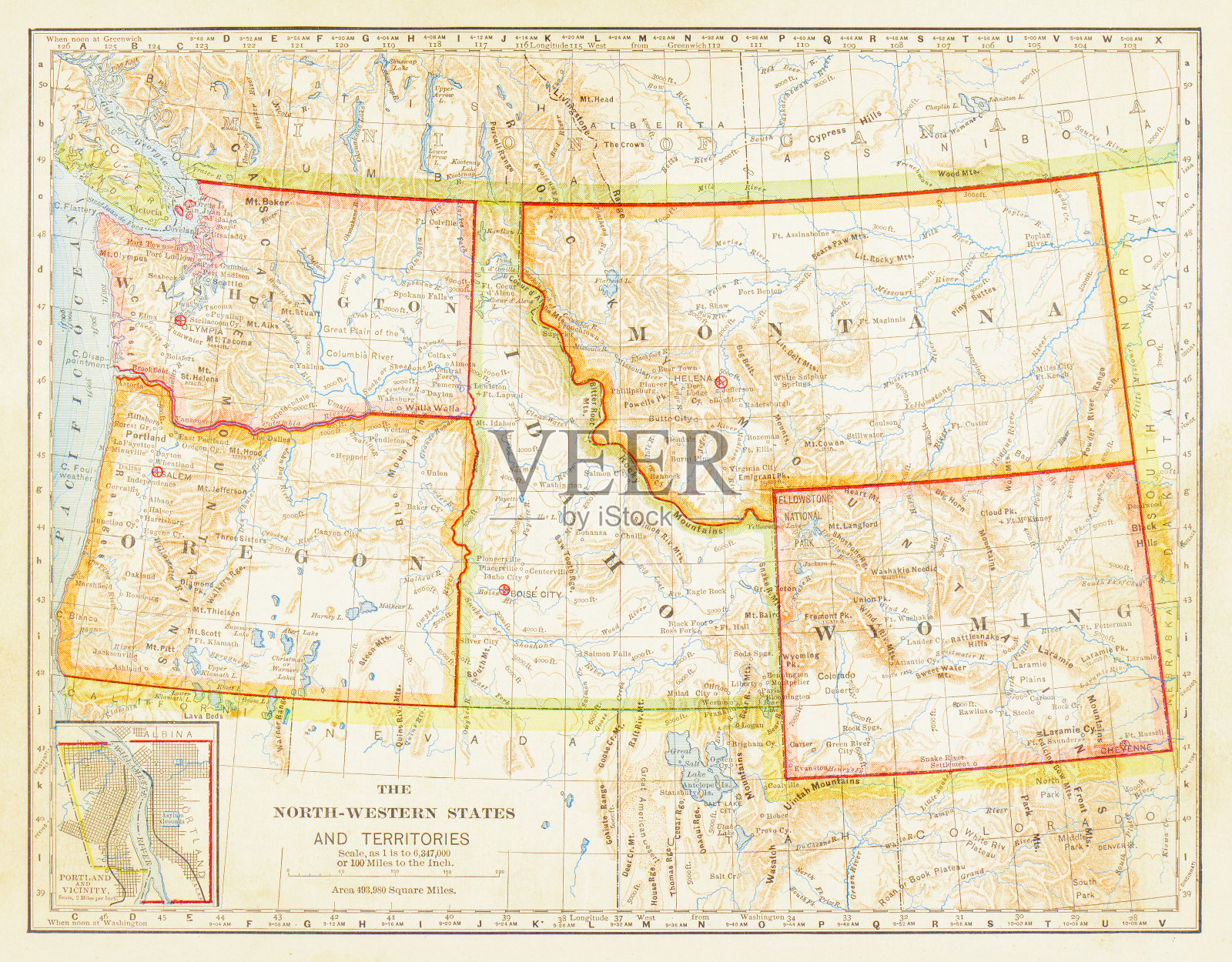 1883年西北各州地图插画图片素材