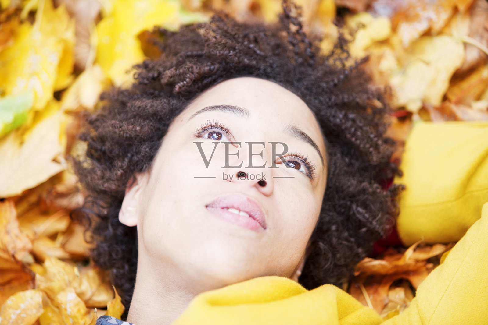 美丽的女孩躺在秋叶中照片摄影图片