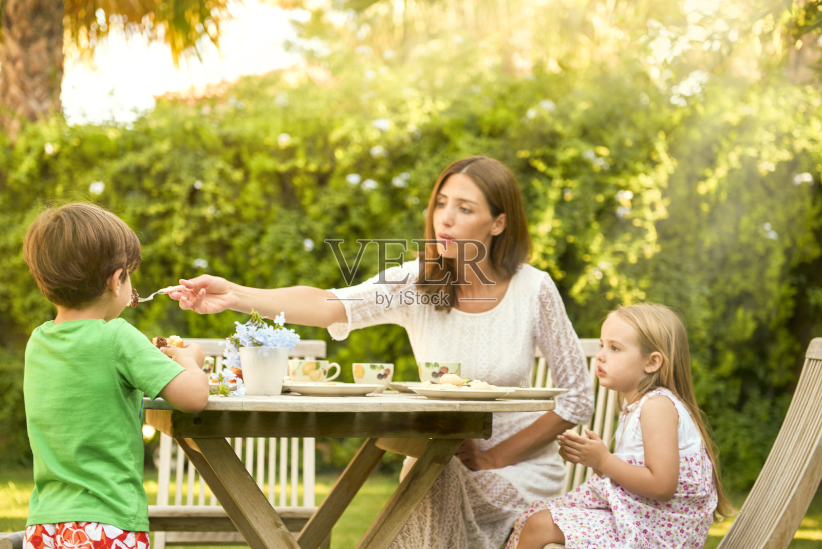 家庭茶点时间在后院。照片摄影图片