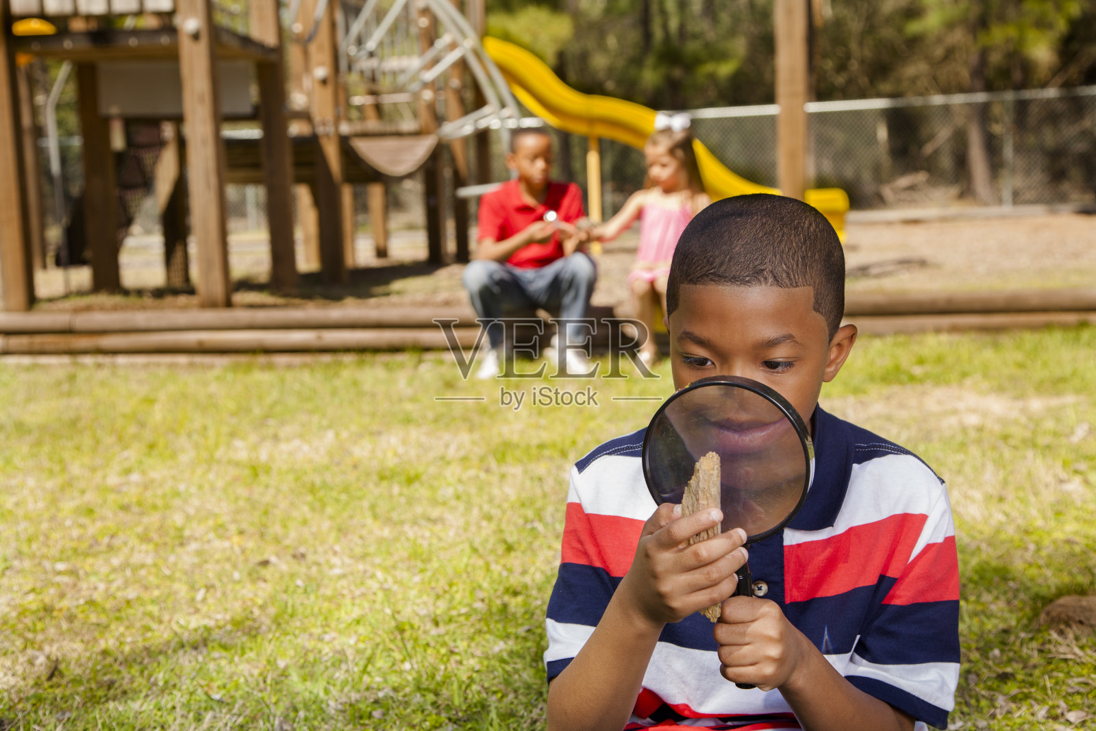 小男孩用放大镜研究大自然照片摄影图片