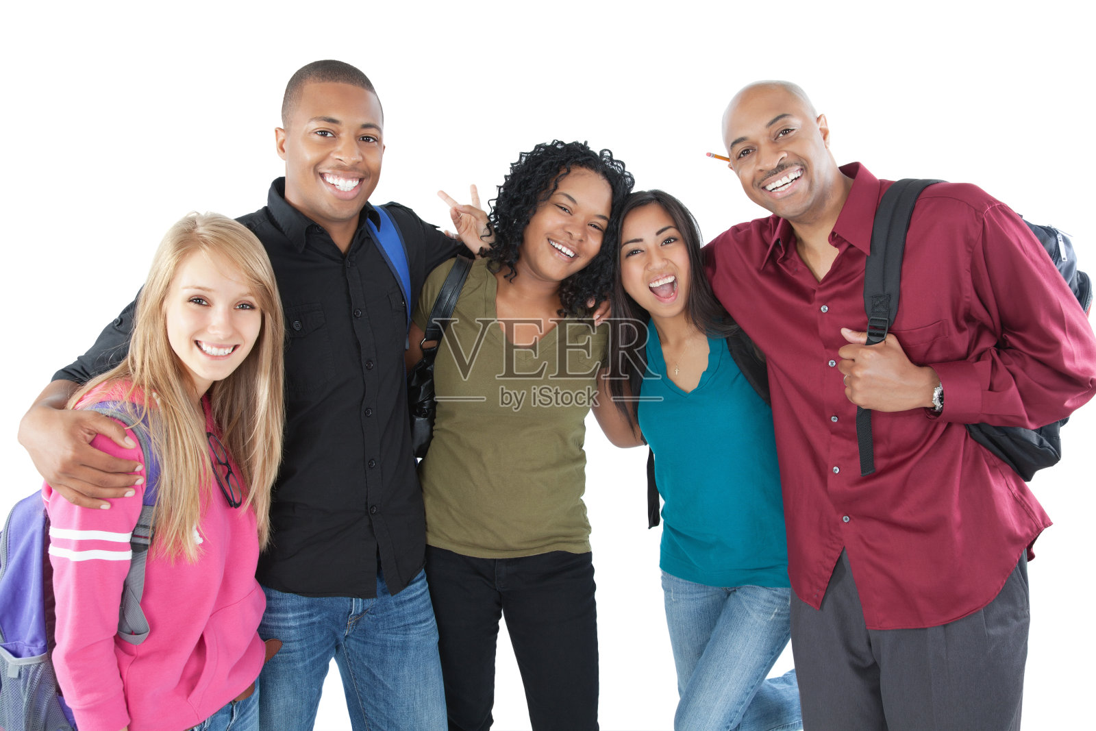 一群亲密的大学生一起欢笑,孤立的白色照片摄影图片