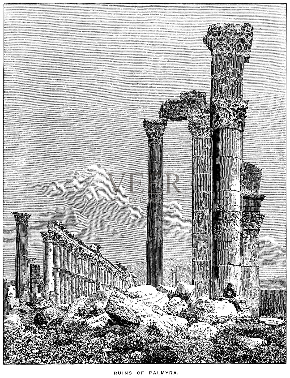 叙利亚巴尔米拉遗址(1882年雕刻)插画图片素材