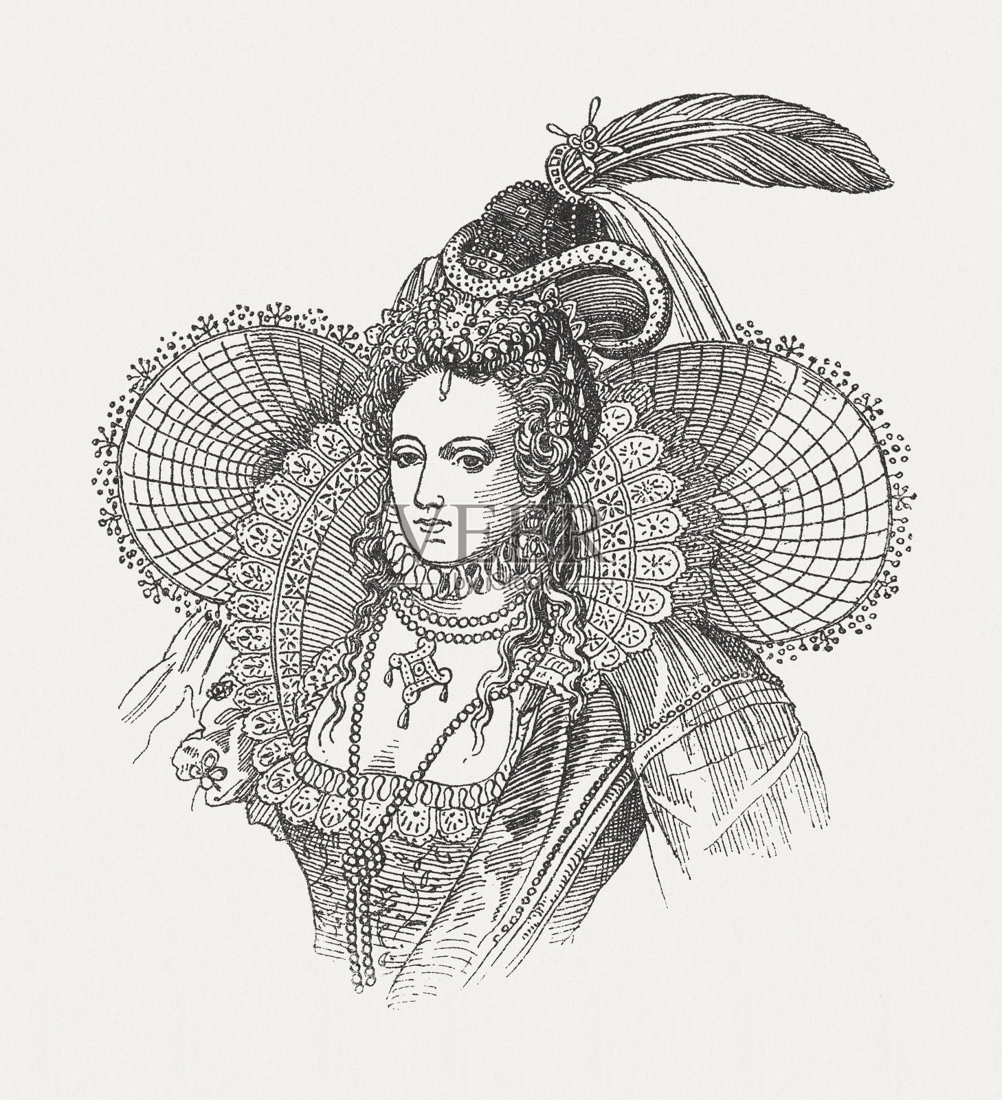 英国伊丽莎白一世(1533-1603),木刻,1881年出版插画图片素材