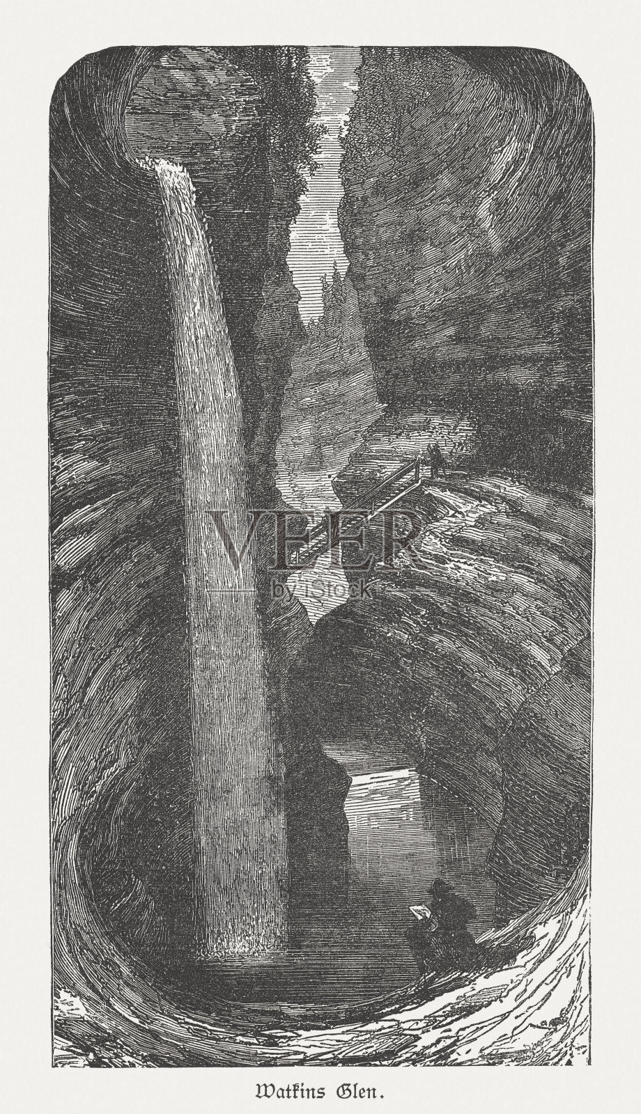 美国沃特金斯峡谷州立公园,木刻,1880年出版插画图片素材