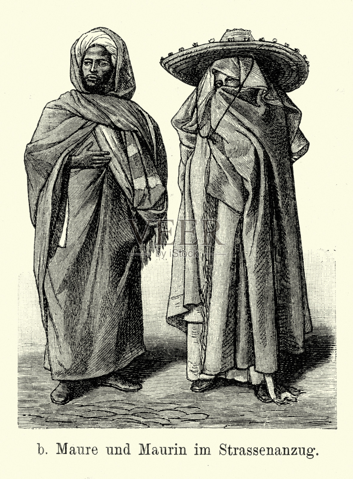 19世纪的摩洛哥-摩尔人的男人和女人插画图片素材