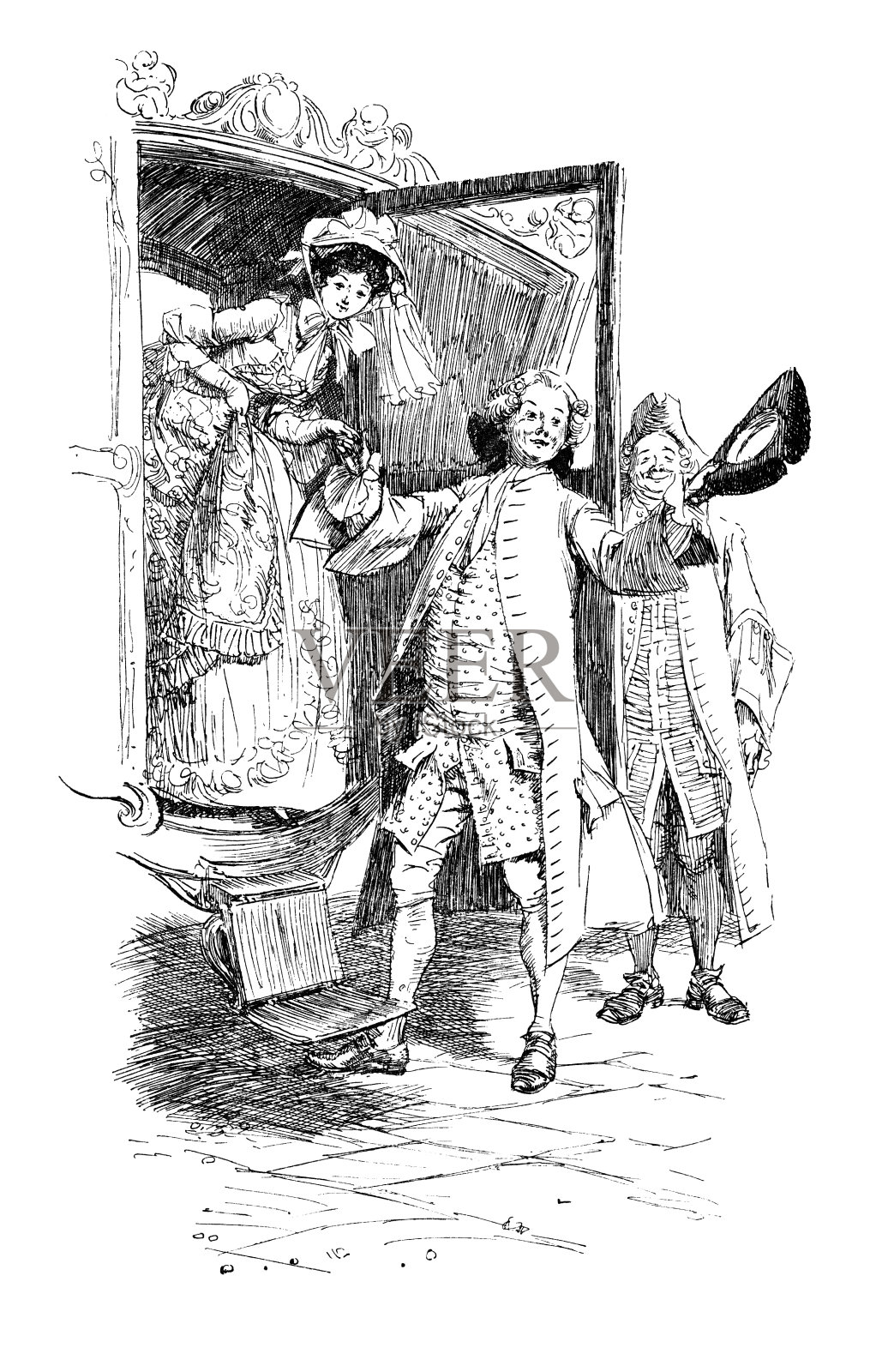 十八世纪下马车的人插画图片素材