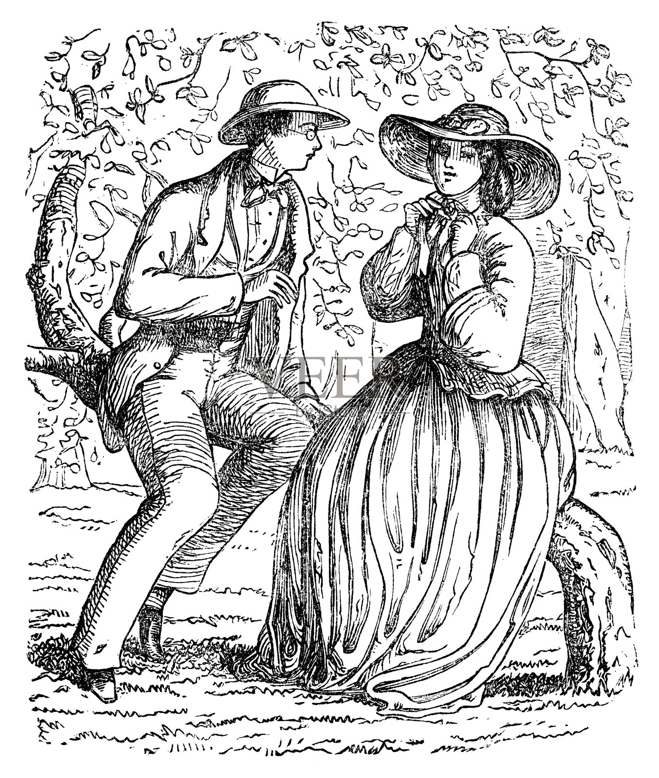 一男一女坐在树枝上插画图片素材