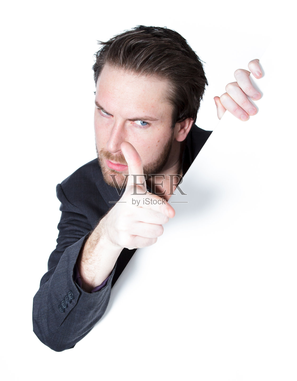 穿着白色背景的灰色西装的商人照片摄影图片