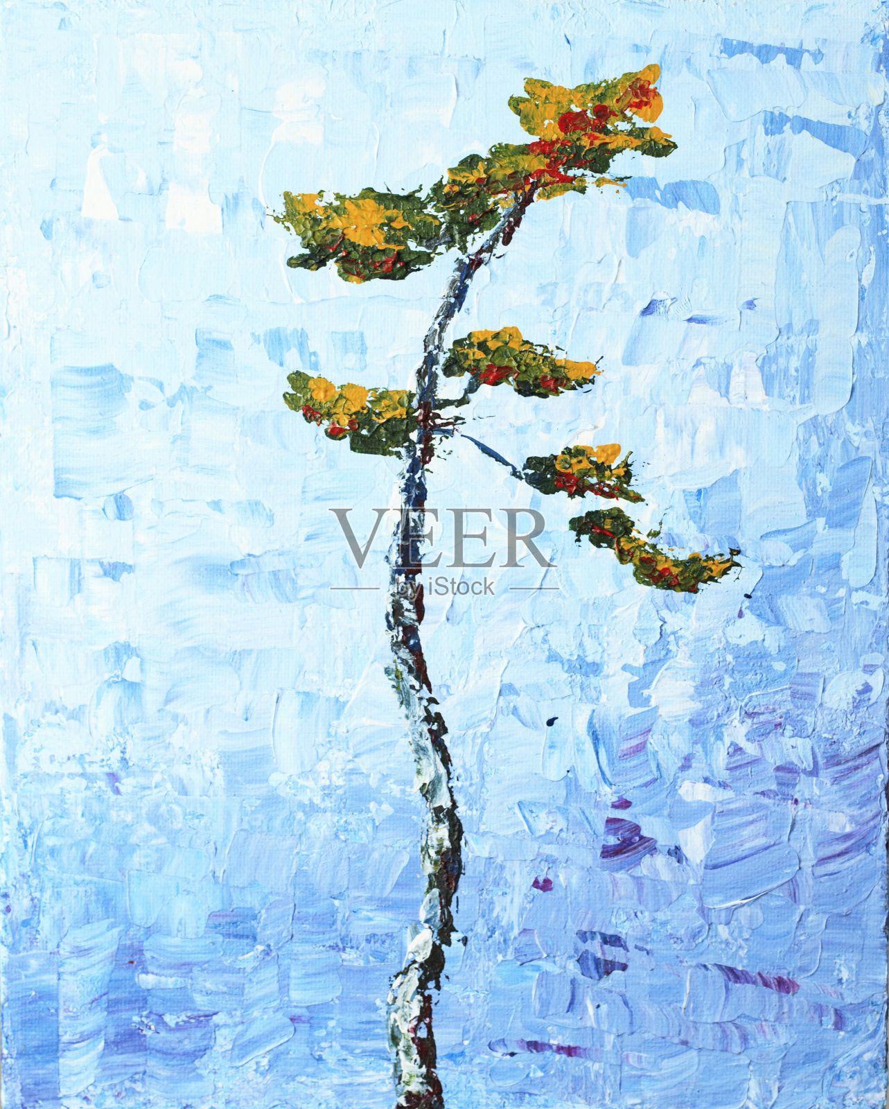 蓝色背景上一棵瘦削的树的丙烯画插画图片素材