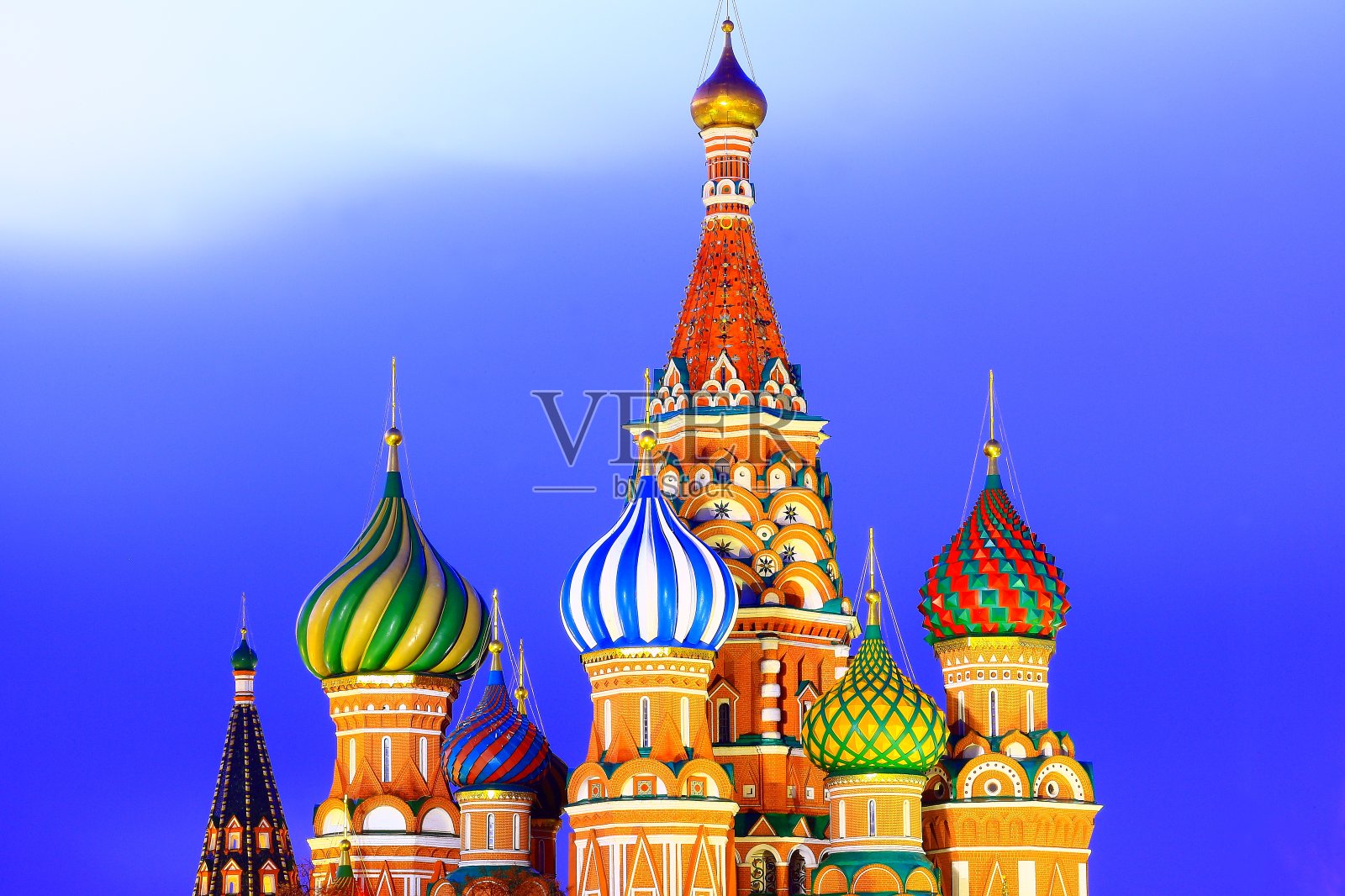 俄罗斯彩色照明圣巴西尔大教堂细节,莫斯科,戏剧性的日出照片摄影图片