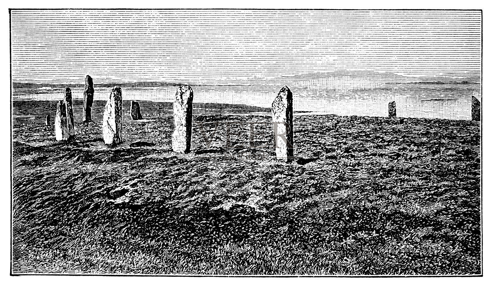 古董插图的石头圈,斯坦尼斯,奥克尼插画图片素材