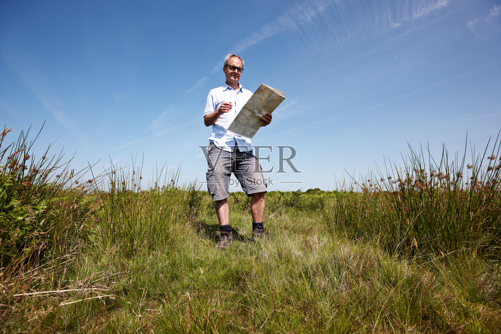 一个成熟的男人在威尔士乡村徒步旅行,一边看地图照片摄影图片