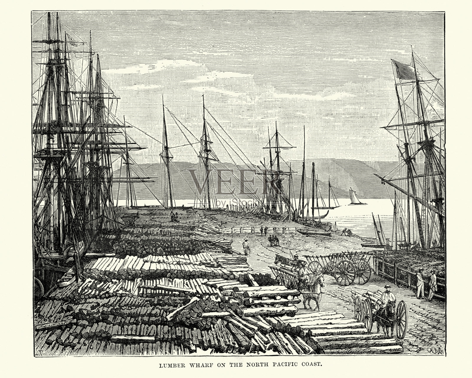北太平洋海岸的木材码头,19世纪插画图片素材