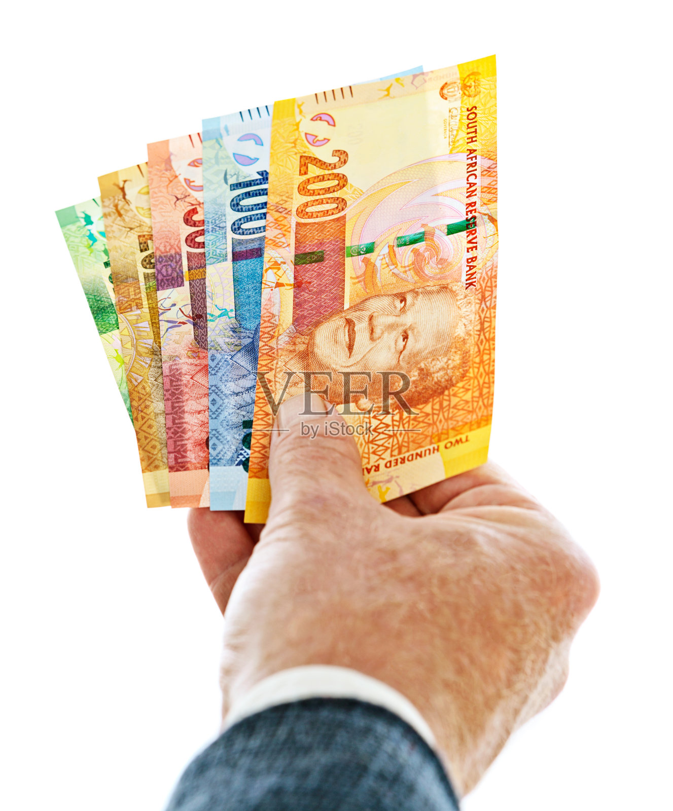 男子手中拿着一套南非新钞票照片摄影图片