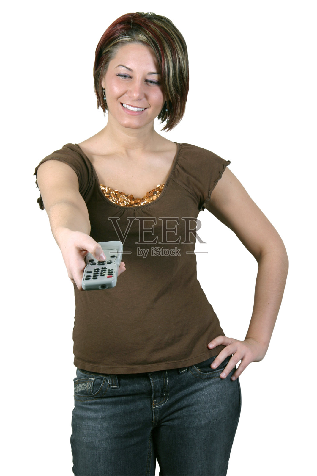 快乐女孩与遥控器照片摄影图片