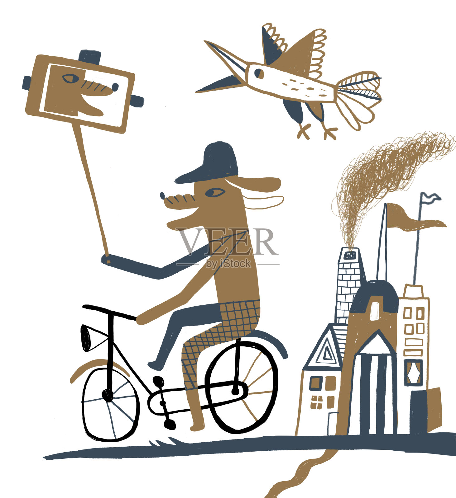 狗狗骑在自行车上用单脚架自拍插画图片素材