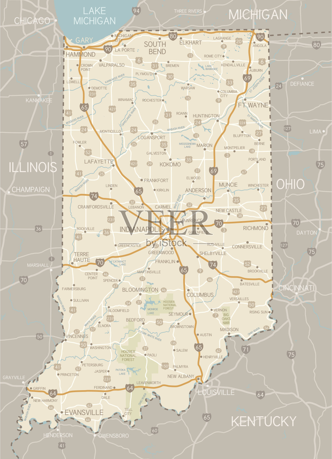 印第安纳州地图插画图片素材