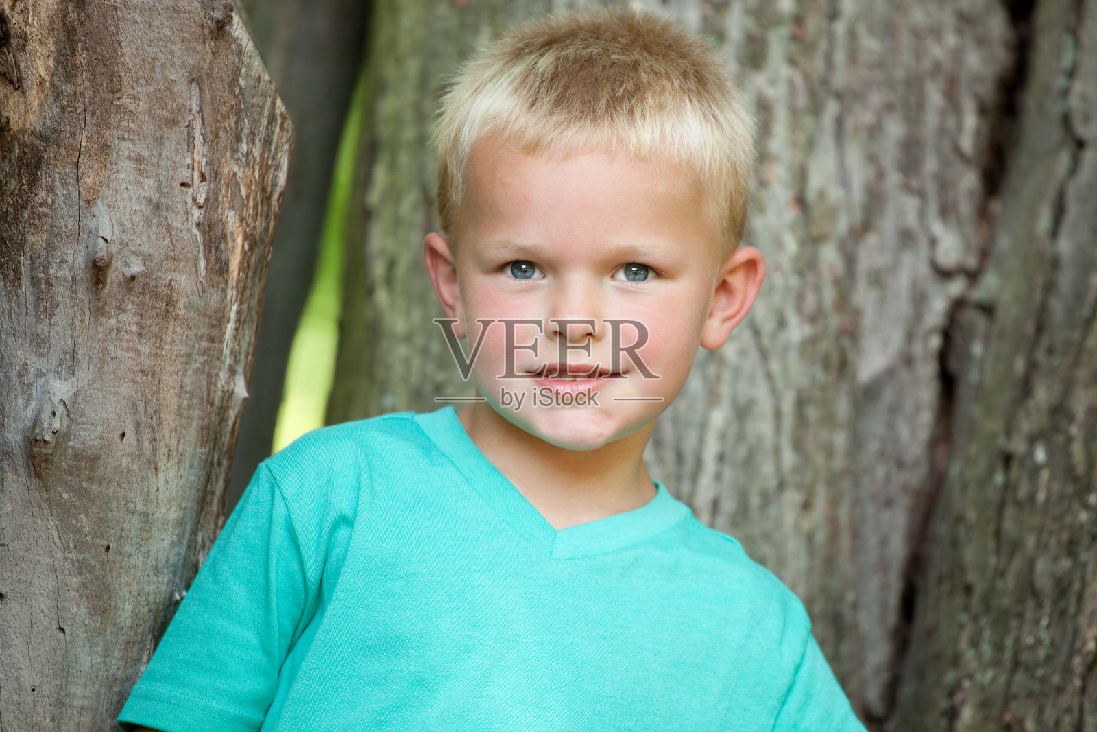 可爱的5岁男孩在树旁摆姿势照片摄影图片