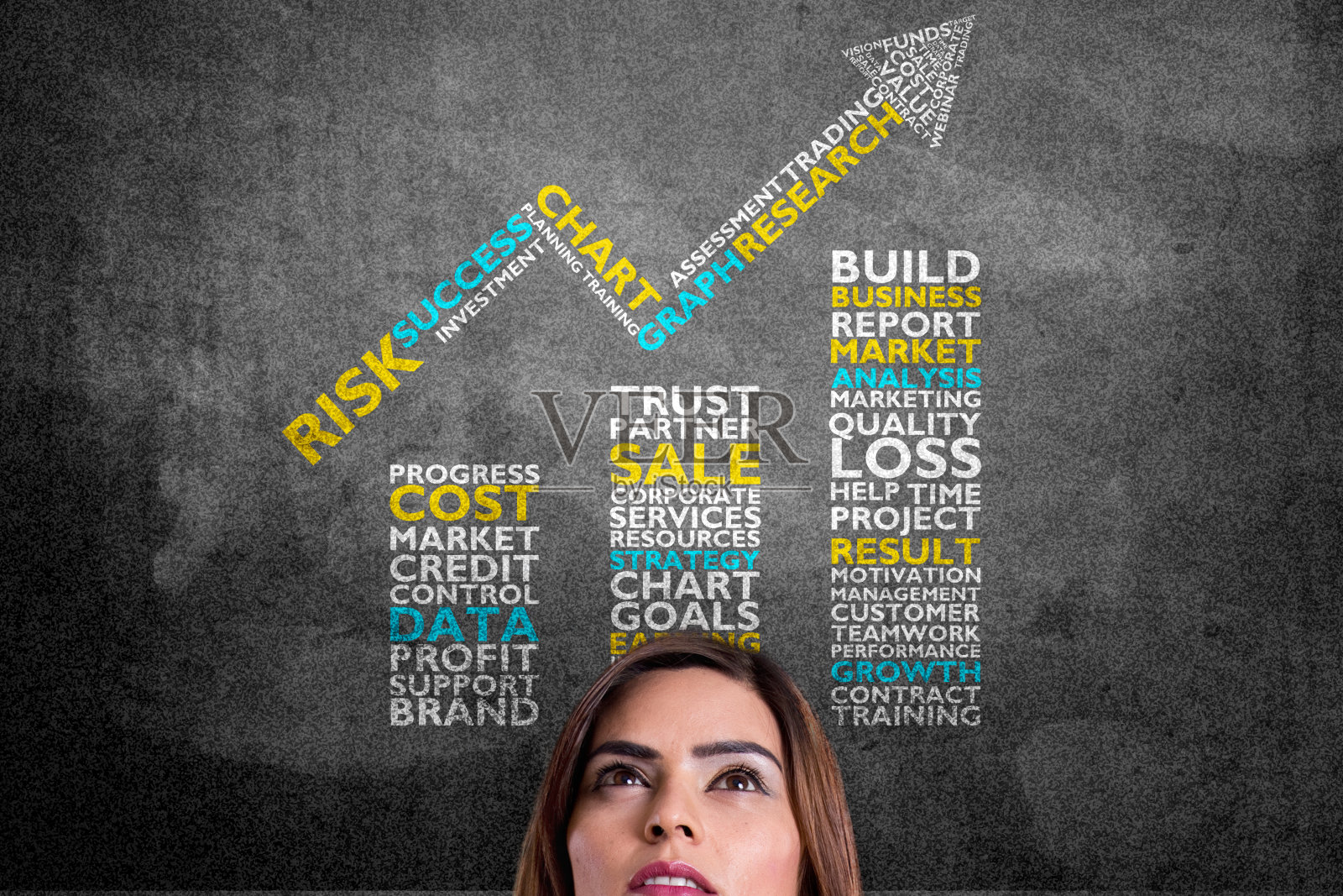 女商人用条形图词云照片摄影图片