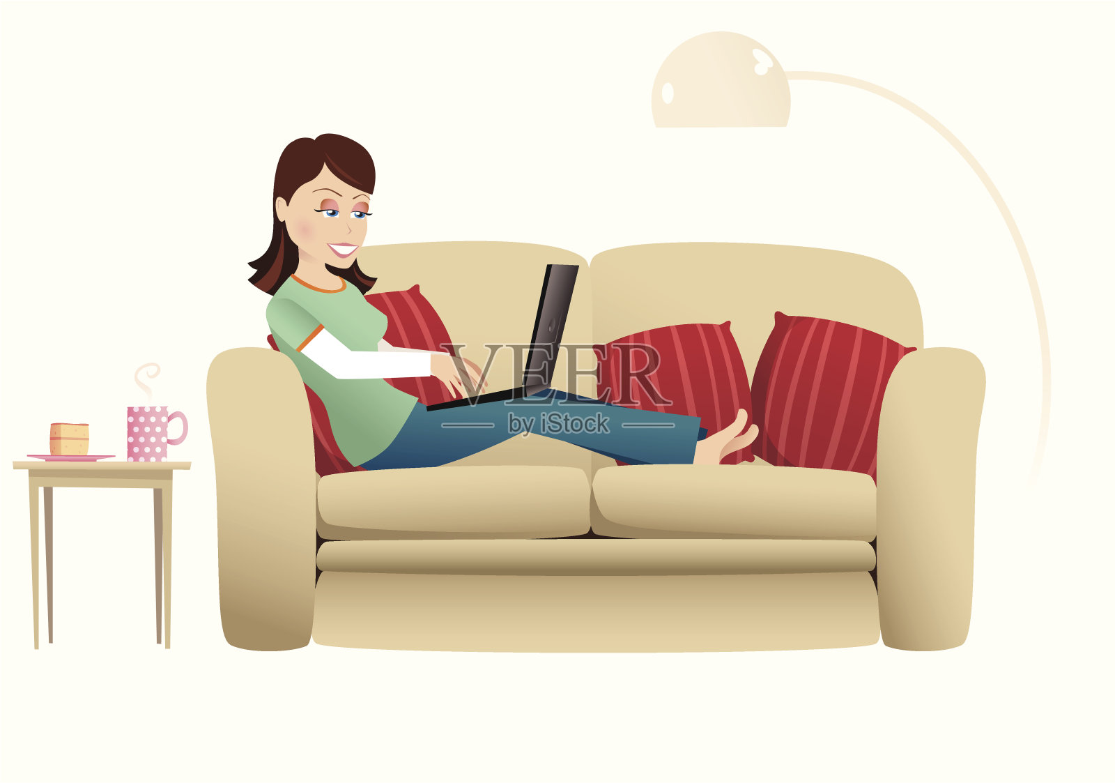 女人和笔记本电脑在沙发上插画图片素材