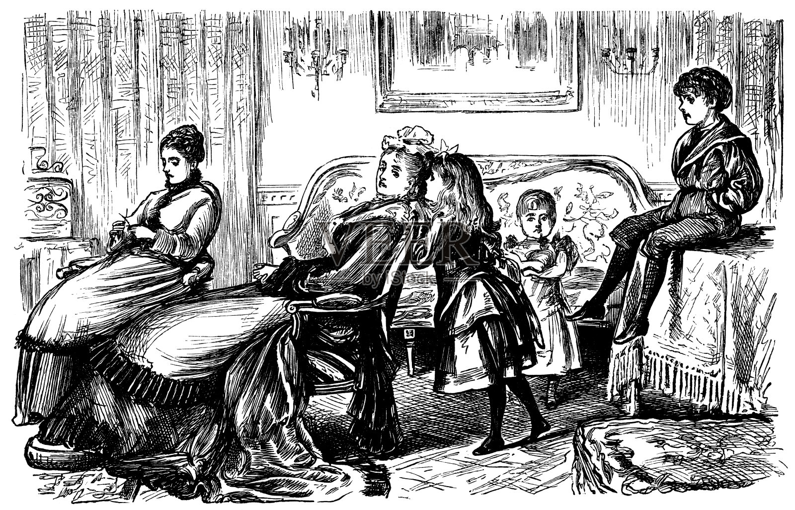 两个维多利亚时代的女人,带着三个孩子插画图片素材