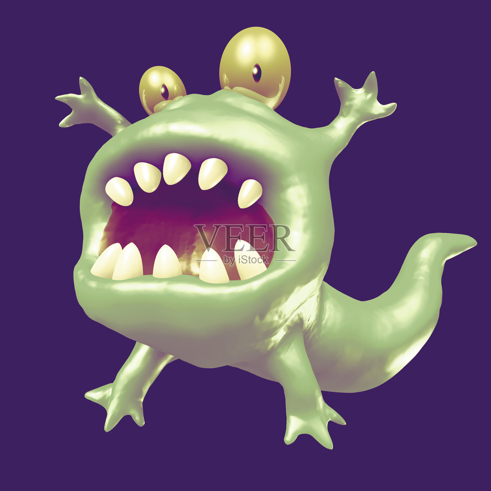 卡通绿色怪物蝌蚪。3 d演示。插画图片素材
