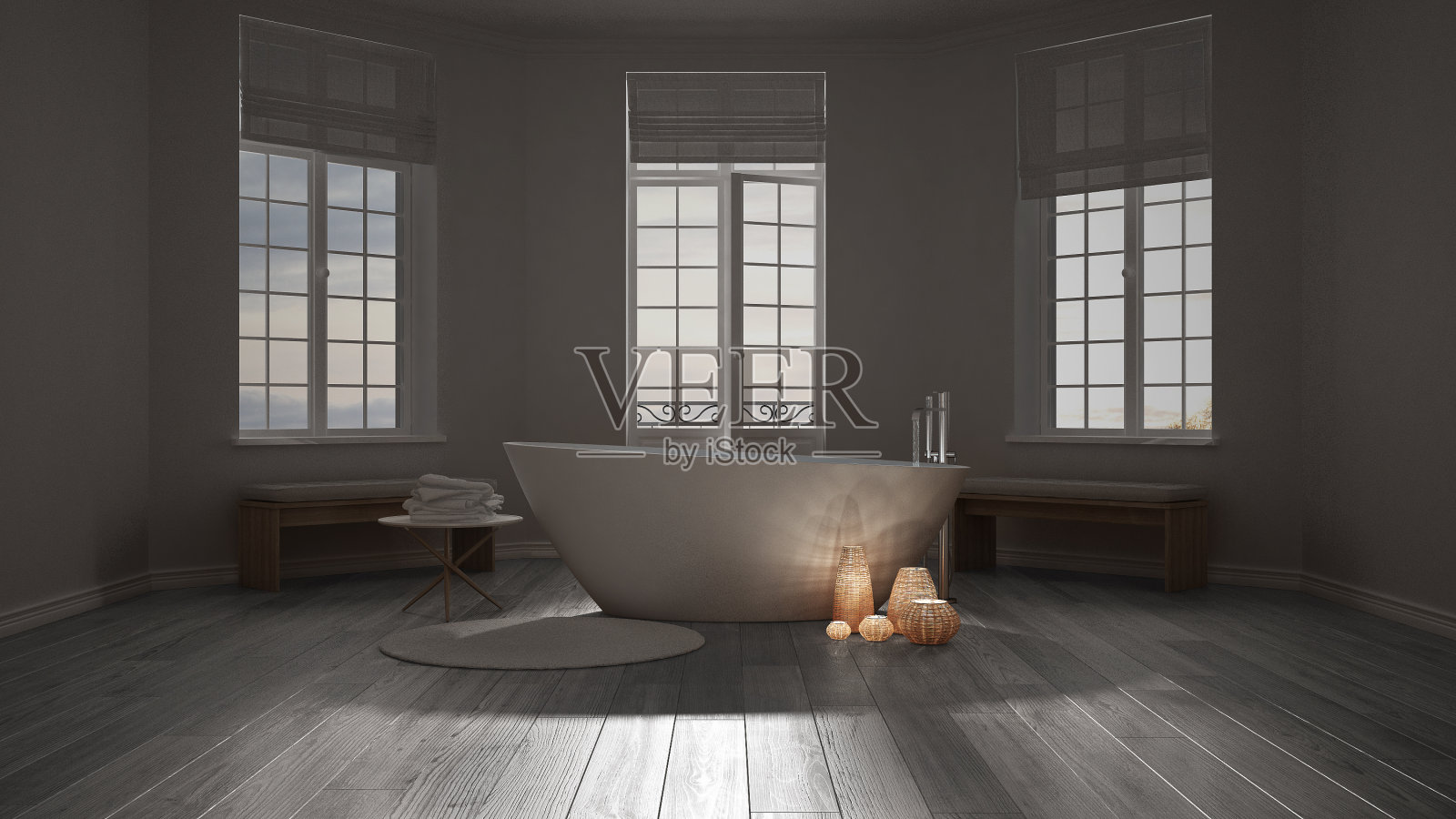 水疗浴室,夜晚放松,日出日落景色,极简的室内设计照片摄影图片