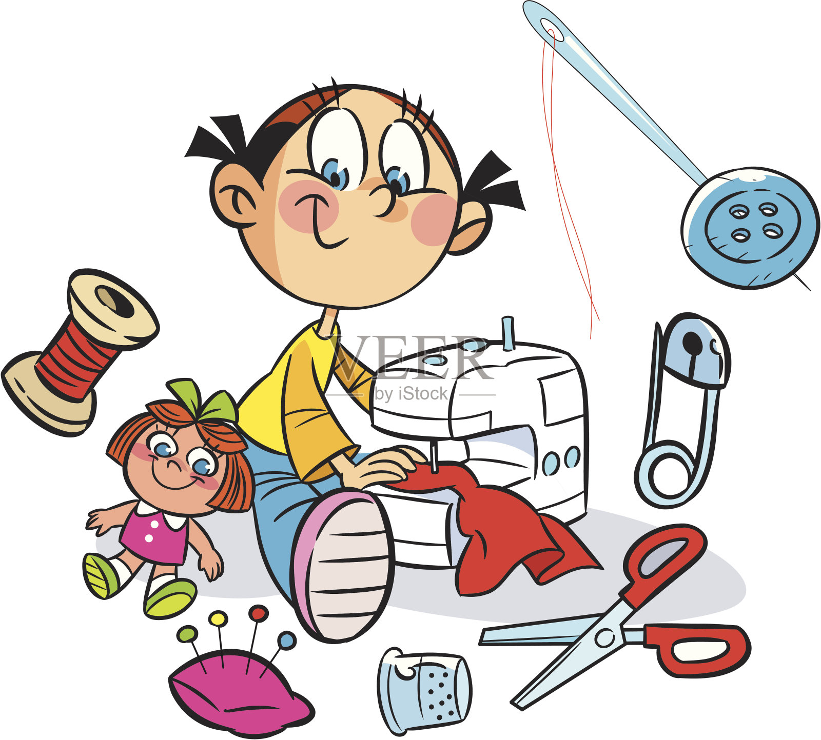 女孩在缝衣服插画图片素材