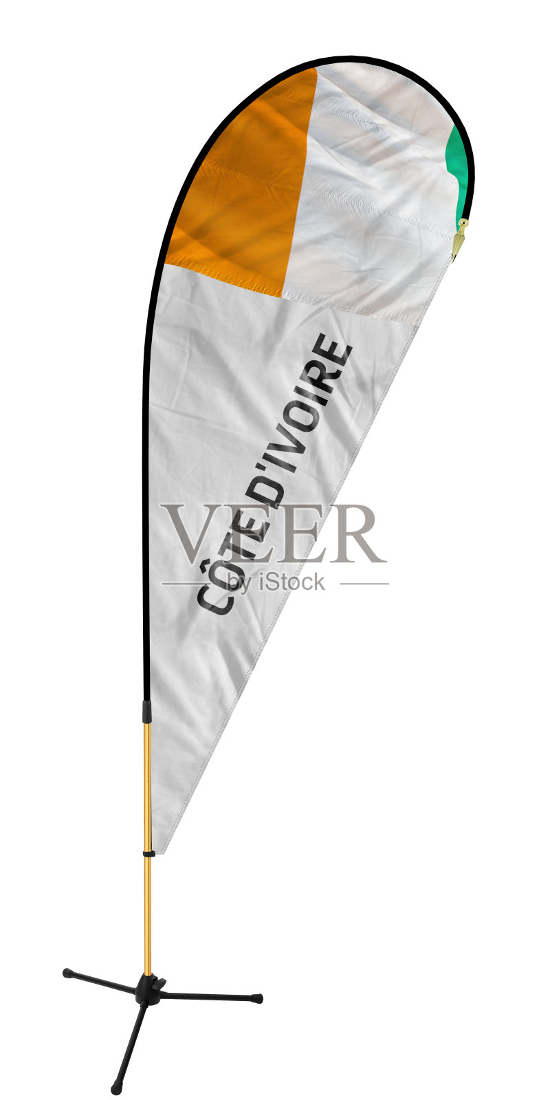 Côte d'科特迪瓦的旗帜和名称上的羽毛旗帜/蝴蝶结旗与一个纯白色的背景照片摄影图片