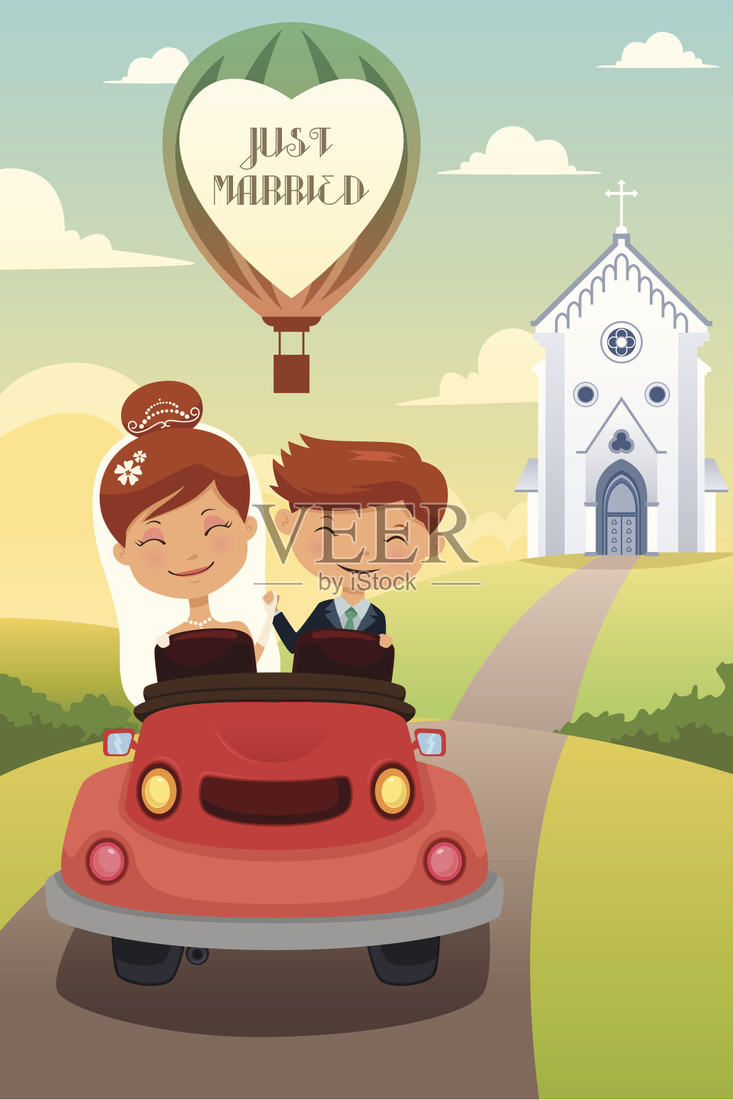 新娘和新郎在婚礼后乘坐汽车插画图片素材
