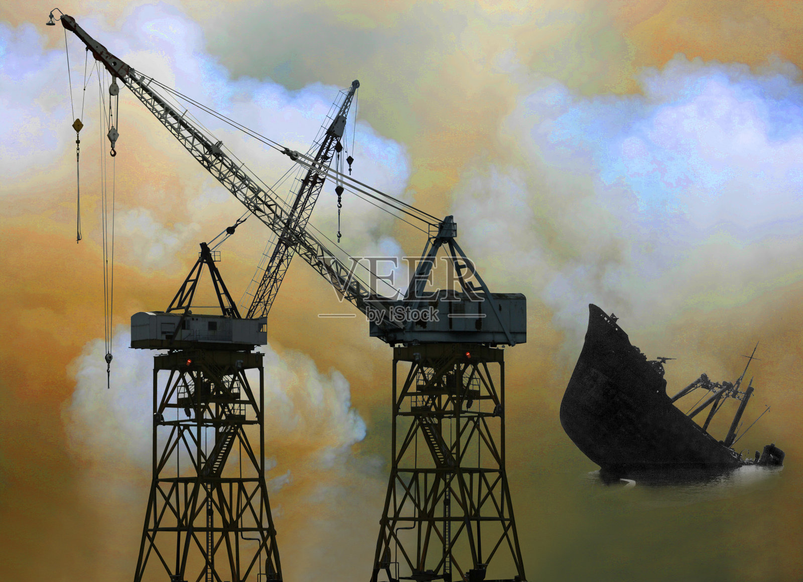 带有沉船的老式起重机照片摄影图片