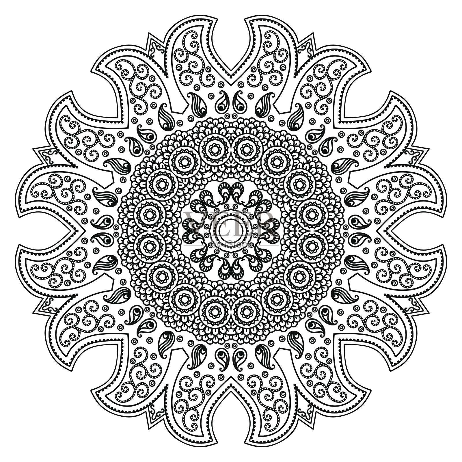 矢量指甲花纹身曼荼罗。手绘风格。插画图片素材