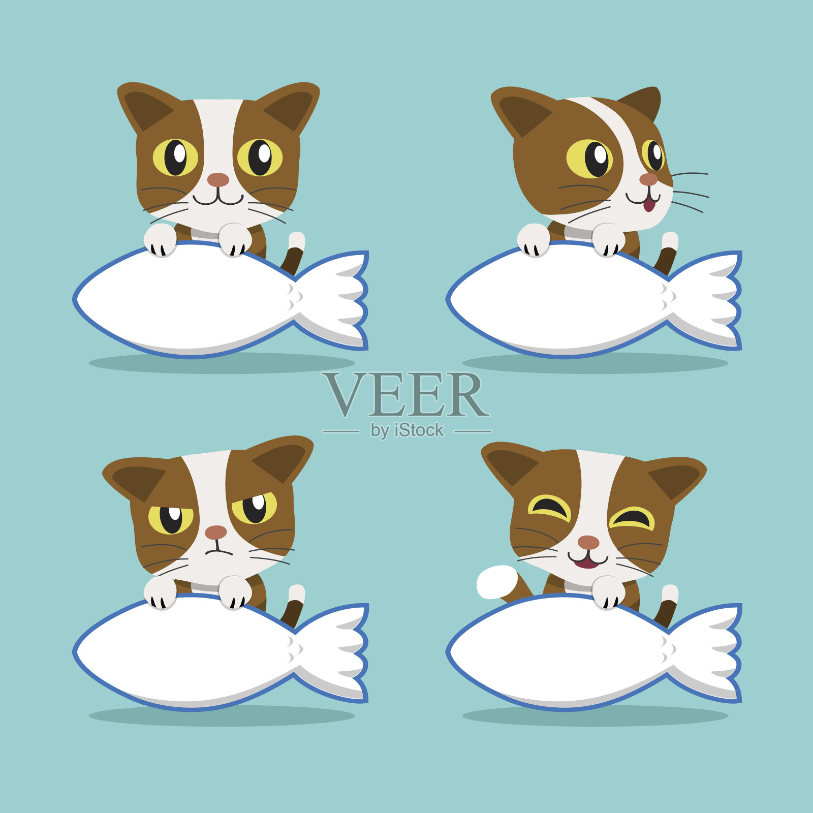 卡通人物猫与大鱼标志插画图片素材