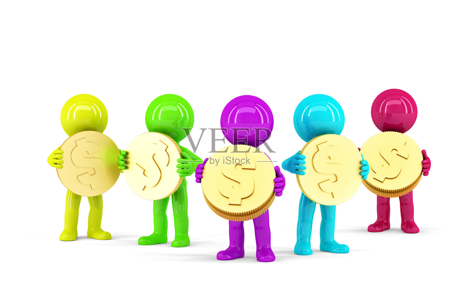 一组彩色3d人持有硬币。孤立。剪切路径照片摄影图片