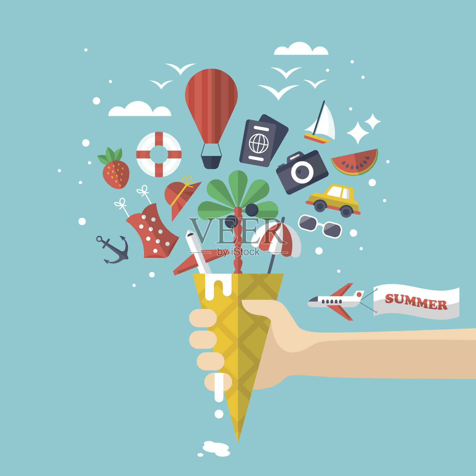 暑期度假概念与平坦的现代图标插画图片素材