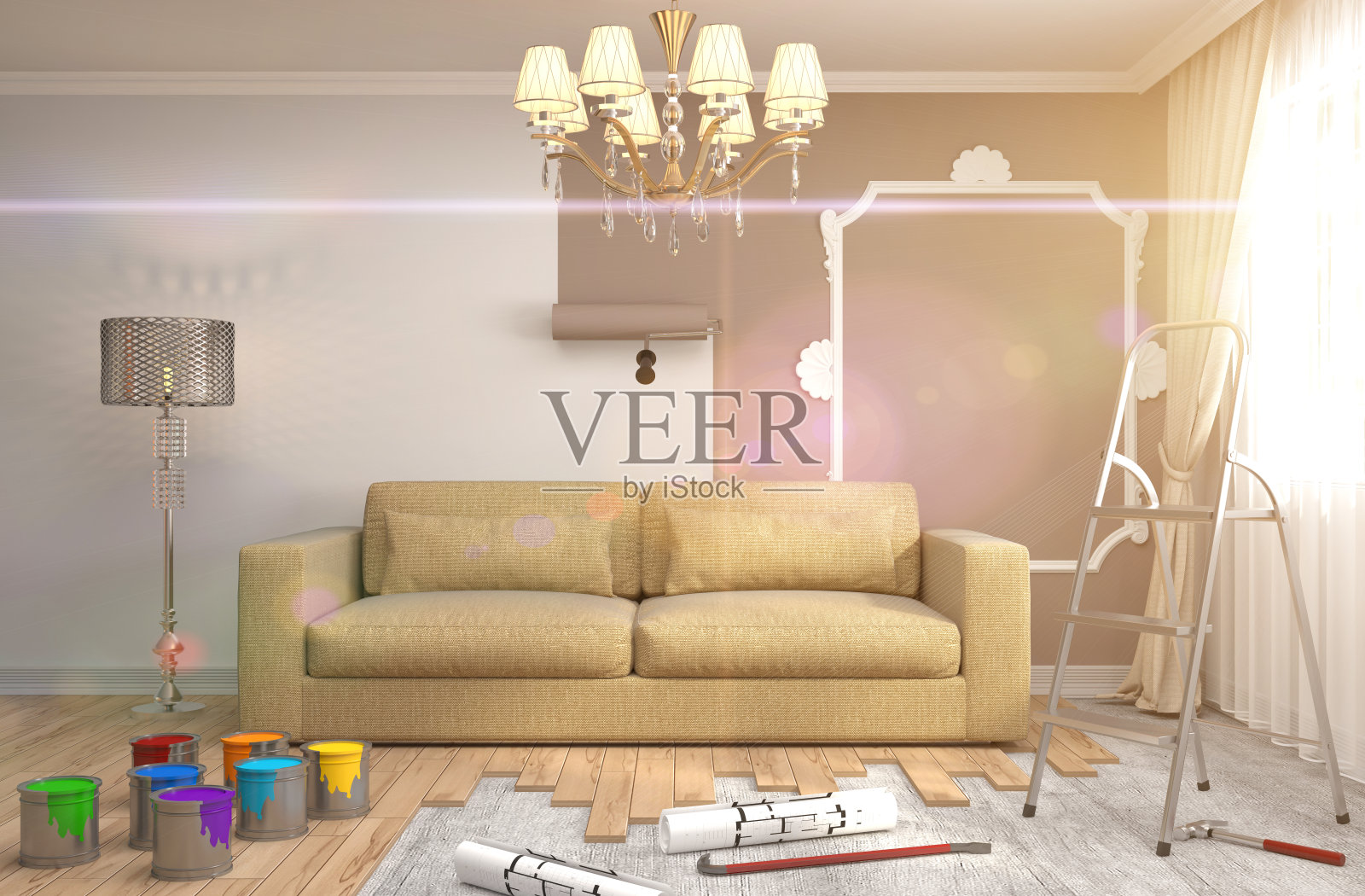 修理和粉刷房间的墙壁。3 d演示。插画图片素材