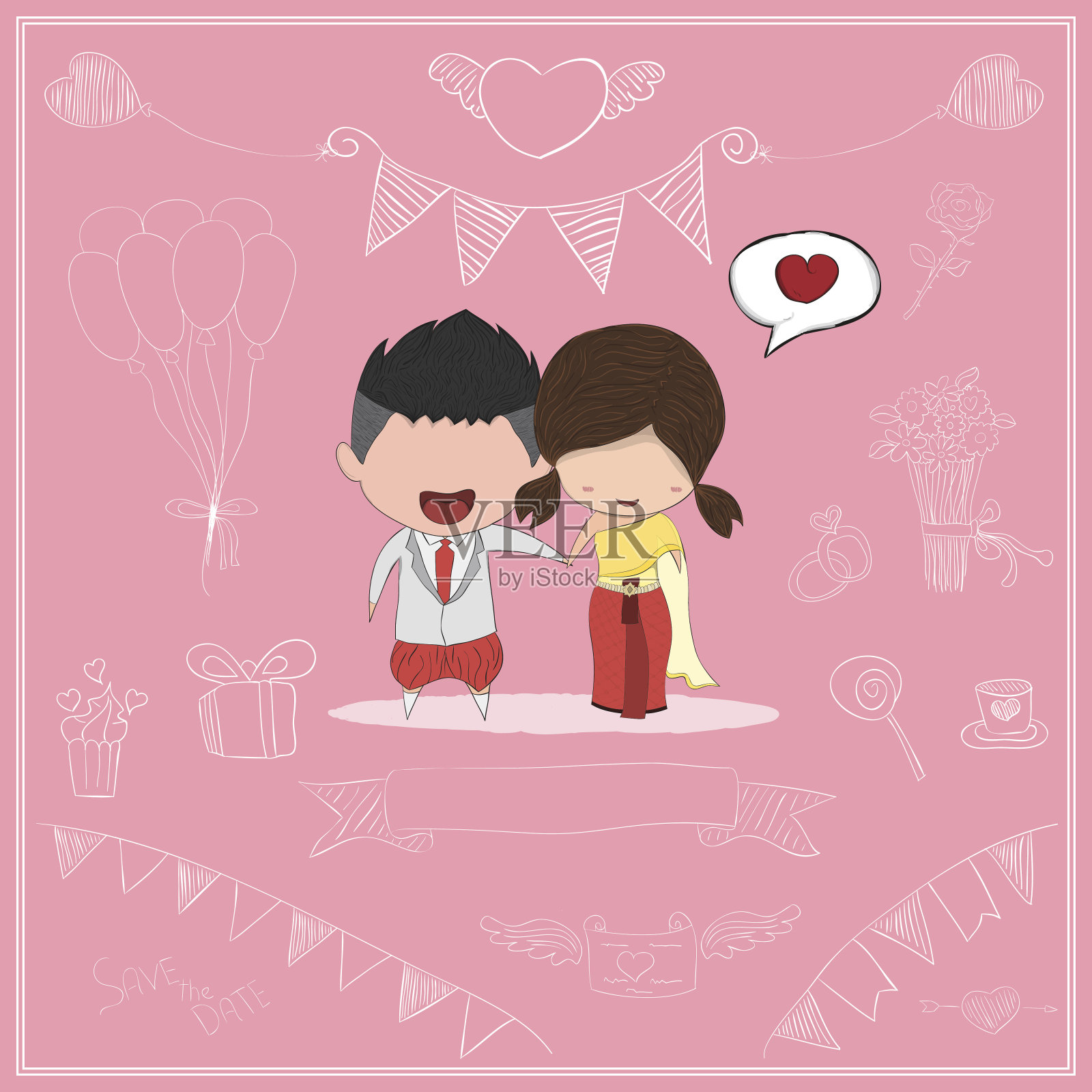 可爱卡通婚礼夫妇男女卡插画图片素材