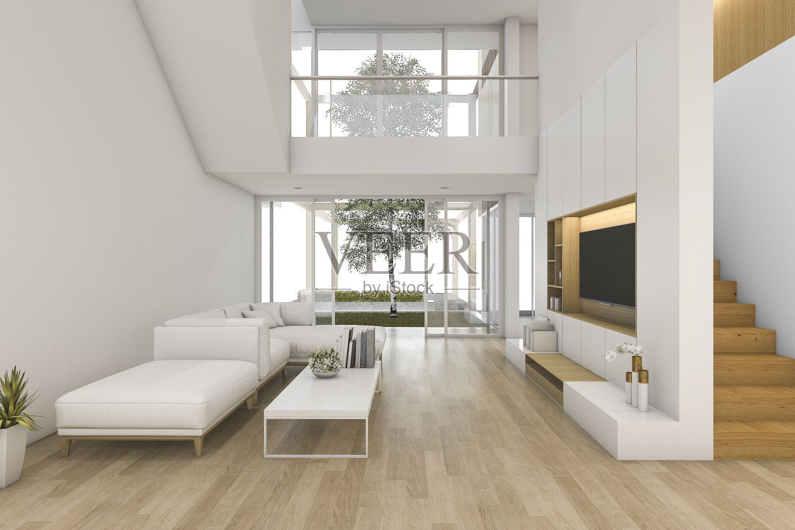 3d渲染白色木材客厅靠近楼梯和室外照片摄影图片