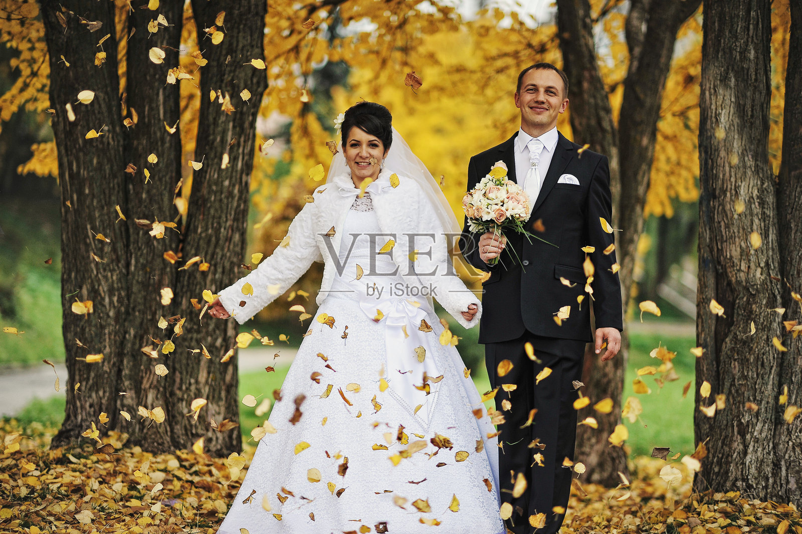 新婚夫妇和落黄的秋叶照片摄影图片