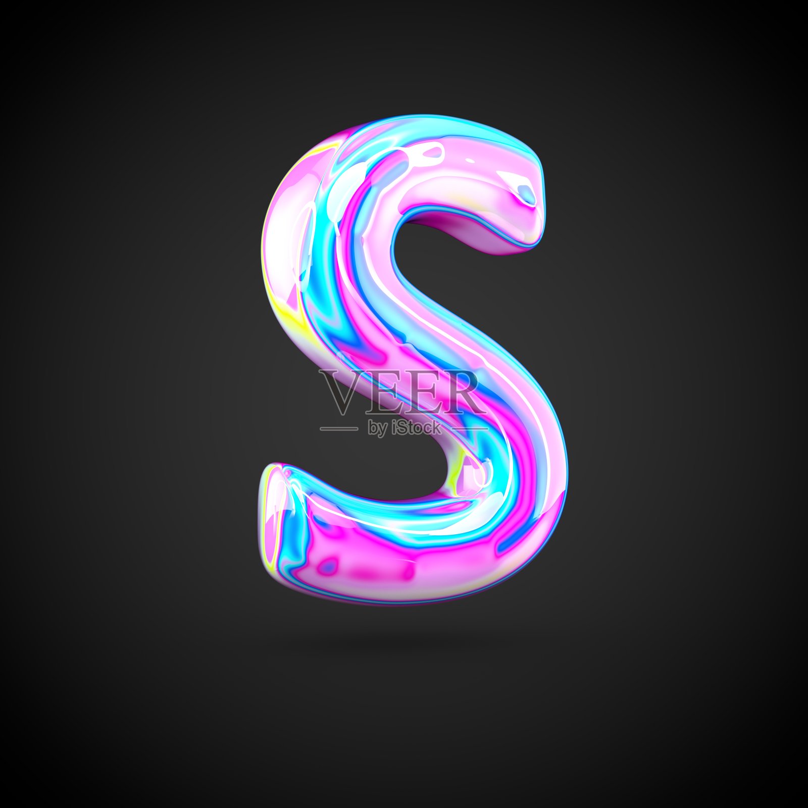 光滑的全息字母大写字母S孤立在黑色背景上。设计元素图片