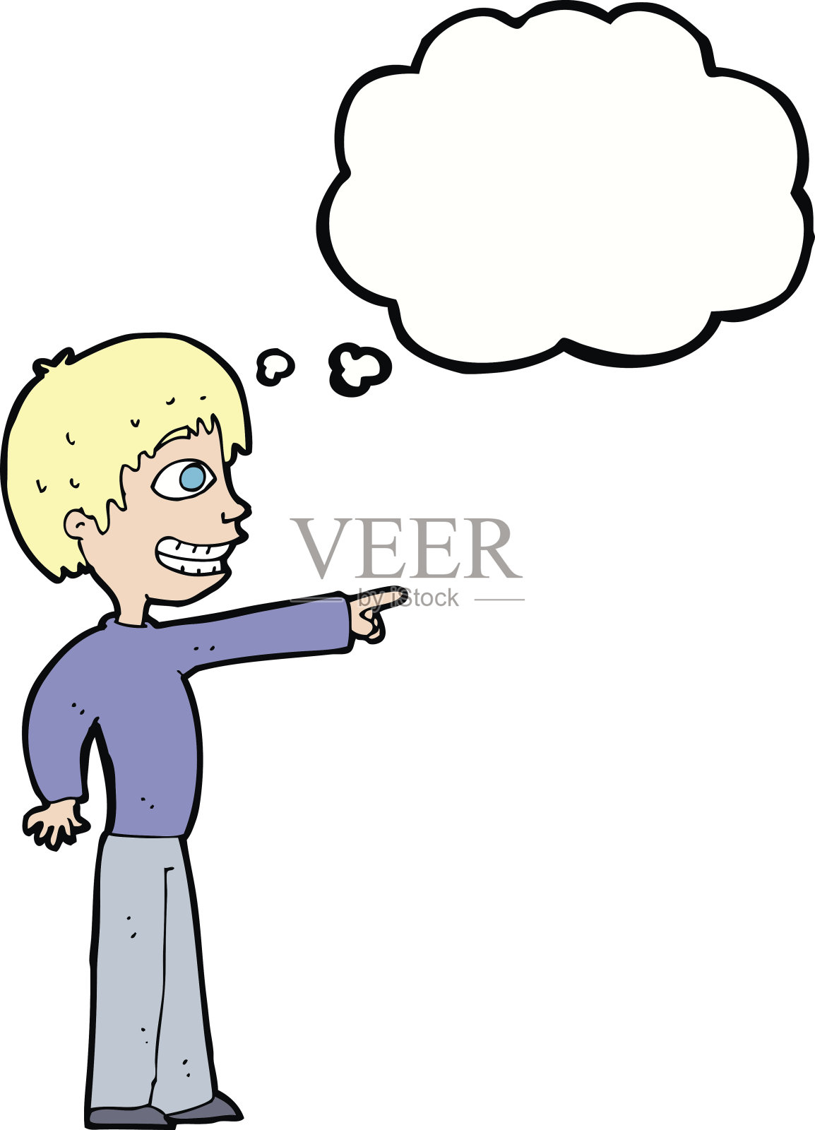 卡通笑嘻嘻的男孩指着用思想泡泡设计元素图片