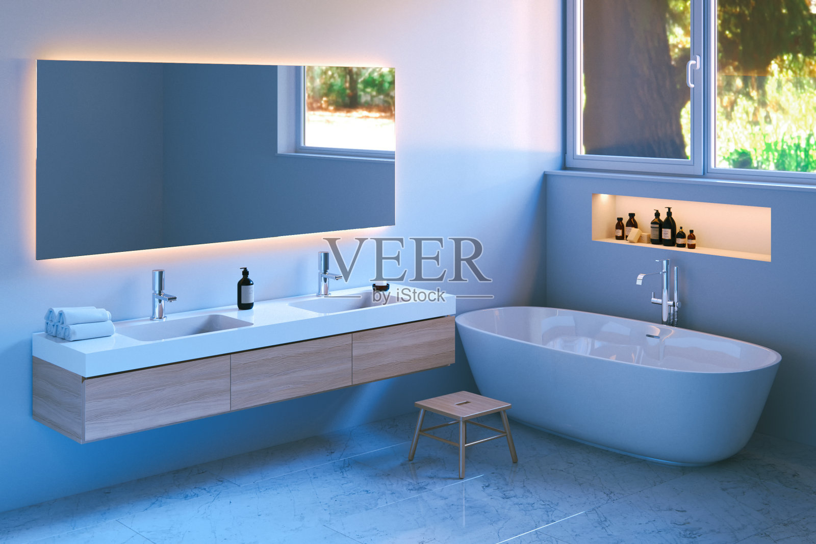 现代浴室内饰大理石地板。3 d渲染。照片摄影图片