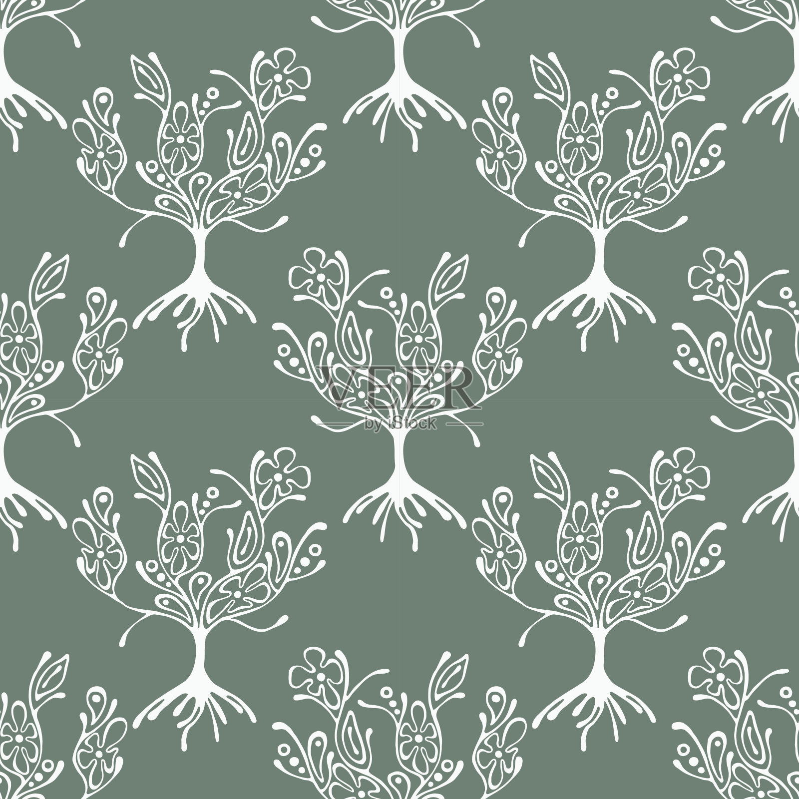 无缝图案、矢量手绘重复插图、纹样纹饰不尽的树木。色彩丰富的抽象背景,接缝图形插图,艺术线描剪影插画图片素材