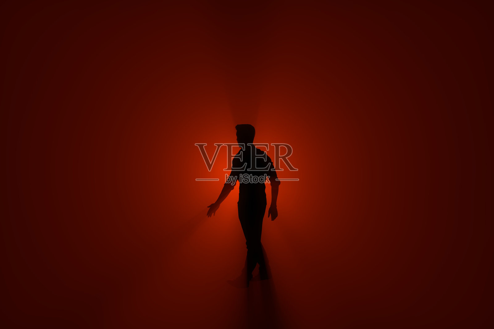 人在朦胧的雾在一个红色的灯光背景。3 d渲染。照片摄影图片