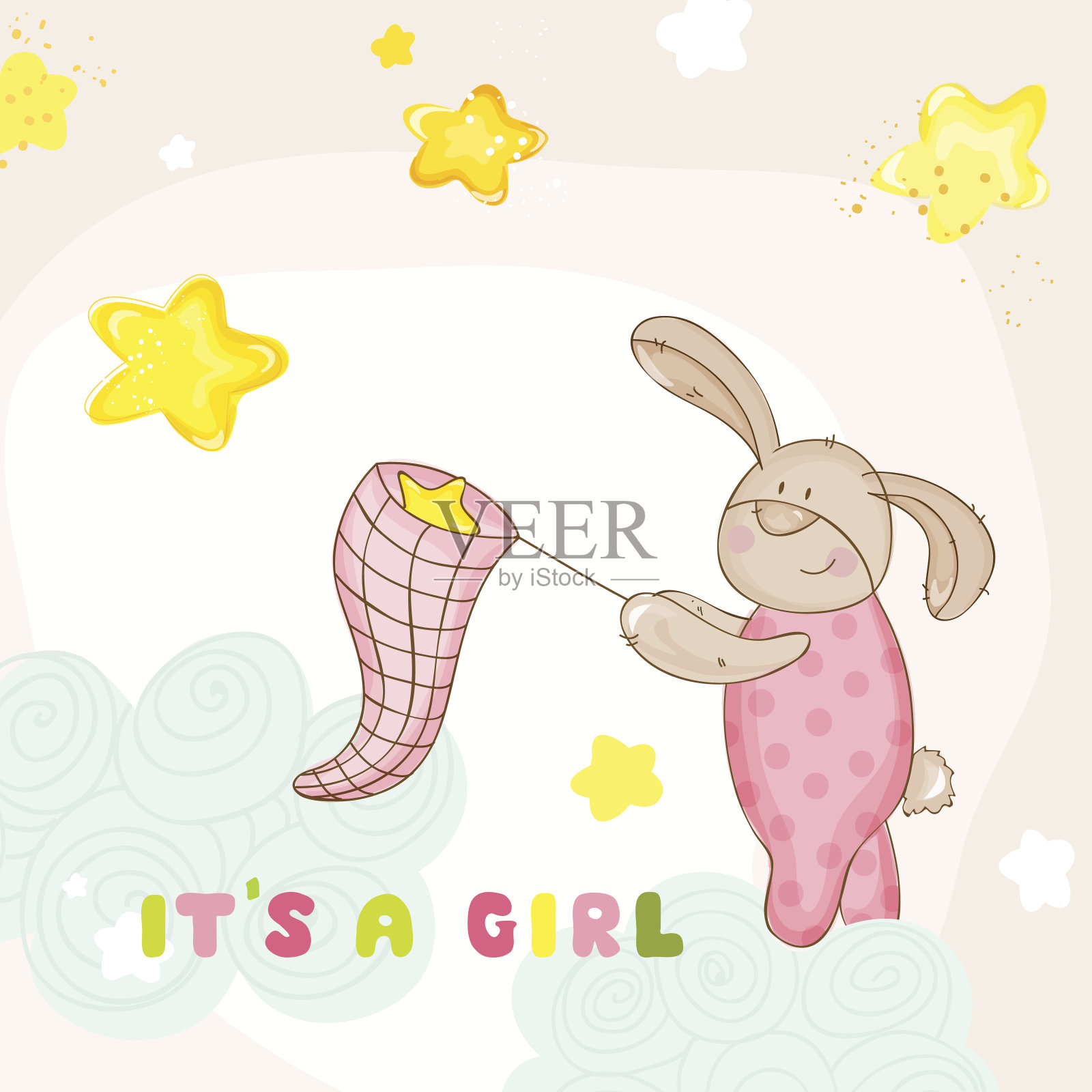 宝宝送礼会或到达卡-兔子宝宝插画图片素材