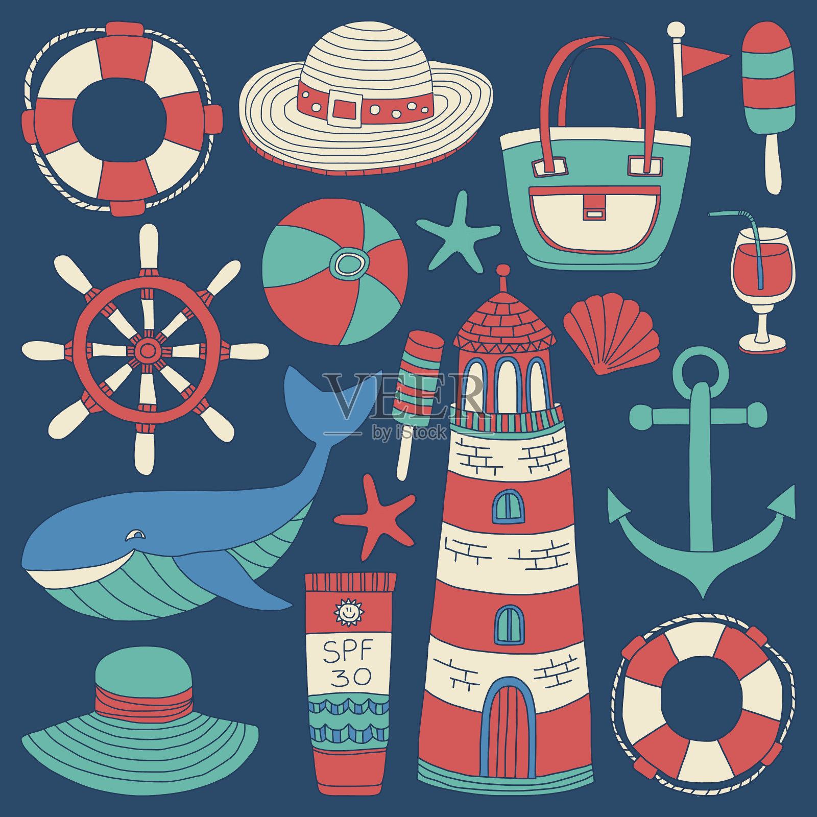 大设置与涂鸦图像的海滩时尚和旅游插画图片素材