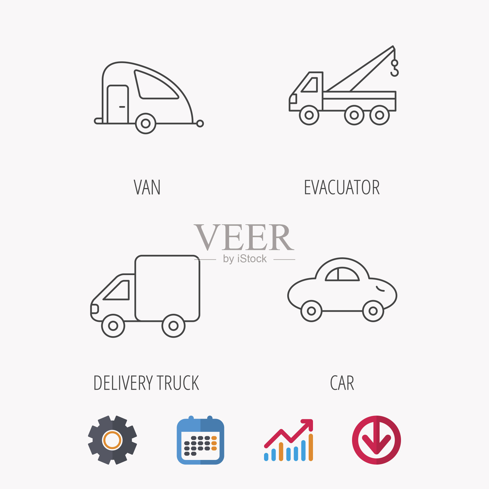 汽车、送货卡车和疏散人员的图标。图标素材